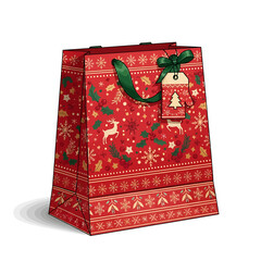 Decorative Christmas gift bag with a festive red pattern of reindeer and snowflakes, isolated on a white background