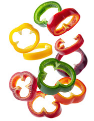 Colorful Slices of Red, Yellow, and Green Bell Peppers Floating Against a Transparent Background