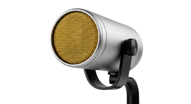Isolated microphone for sound recording or podcasting in modern silver finish design