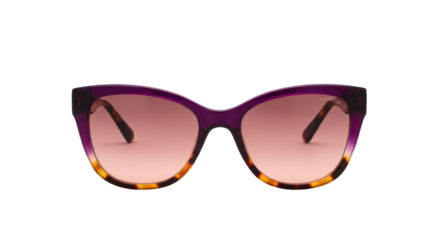 Isolated stylish purple cat-eye sunglasses with color gradient lenses for women for sun protection