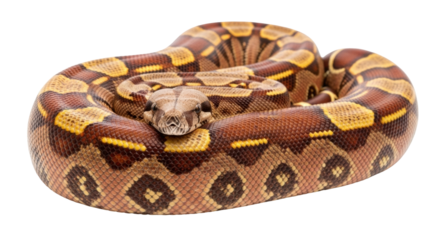 Isolated Boa constrictor curled up on itself, a coiled snake with brown and yellow patterns