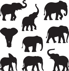 Naklejka premium Collection of black elephant silhouettes in various walking and standing poses for African safari wildlife design