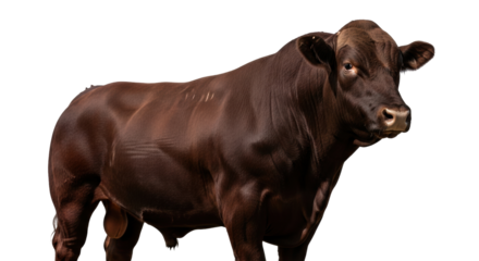 Isolated muscular brown bull with a strong build, standing, on a neutral backdrop, looking alert