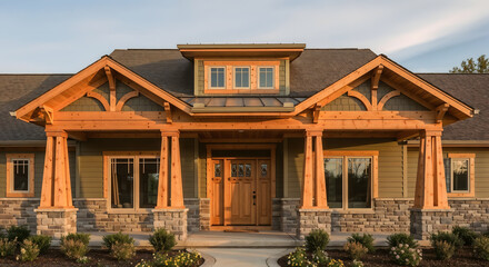 Fototapeta premium Craftsman style house with wooden porch columns