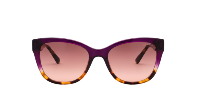 Isolated stylish purple cat-eye sunglasses with color gradient lenses for women for sun protection