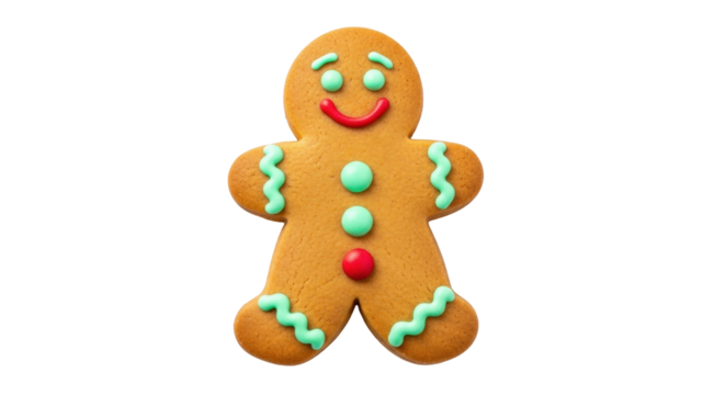Isolated gingerbread man cookie for the holidays with mint green frosting and candy buttons