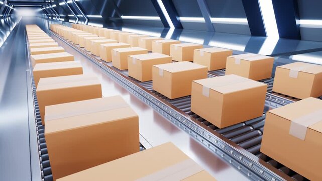 Packaging box and conveyor belt, 3d rendering 4k