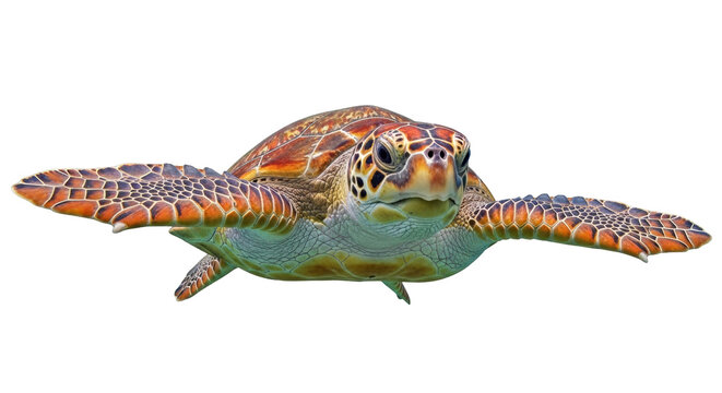 Isolated Sea Turtle swimming slowly, graceful and serene underwater life in the ocean habitat