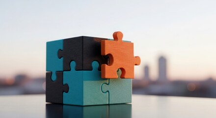 Puzzle pieces connecting building blocks strategy success