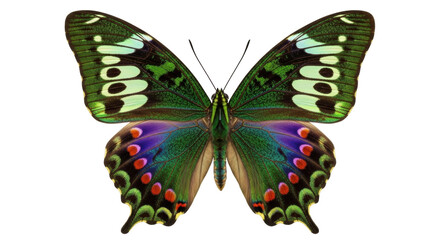 Isolated butterfly with colorful wings in vibrant green, purple, red, and black colors