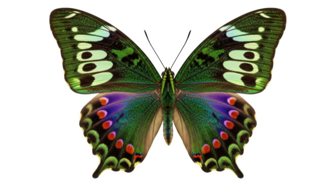 Isolated butterfly with colorful wings in vibrant green, purple, red, and black colors