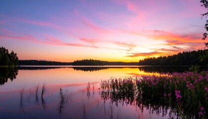 Sunset over lake with reflections and colorful sky panorama.