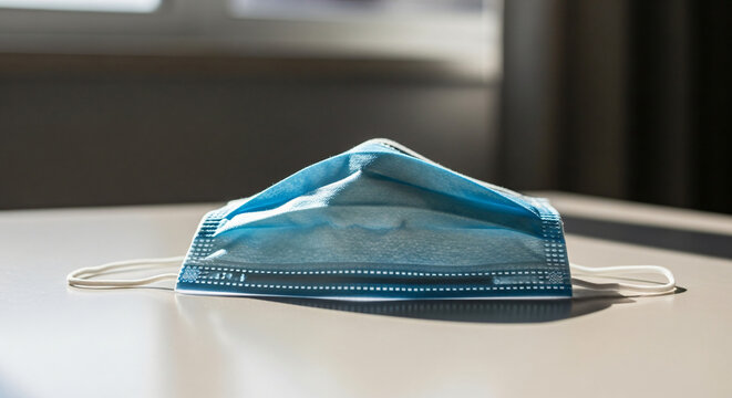 Blue Surgical Face Mask on Table with Sunlight and Shadows