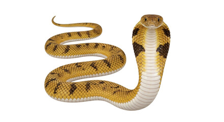 Fototapeta premium Isolated cobra with hood up, yellow and brown patterned snake ready to strike at any moment