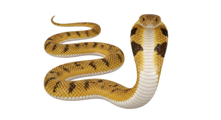 Isolated cobra with hood up, yellow and brown patterned snake ready to strike at any moment