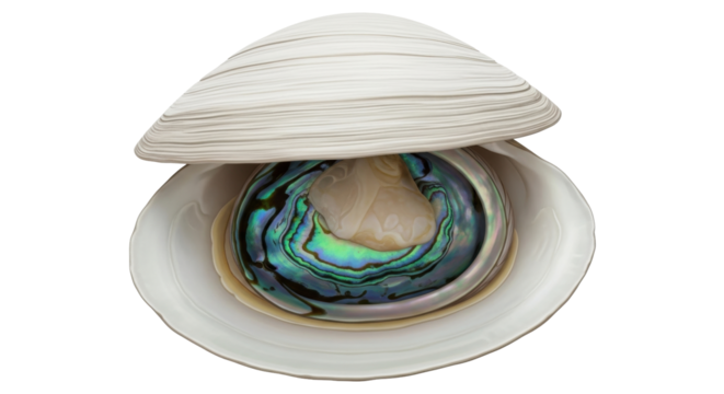 Isolated iridescent abalone in large opened clam shell, marine, seafood, mollusk art