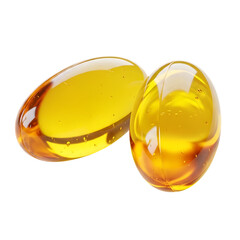 Two golden oil capsules isolated on transparent background