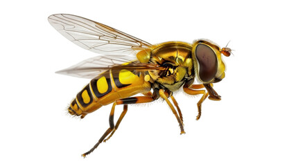 Isolated hoverfly, an insect with yellow and black stripes and transparent wings in flight