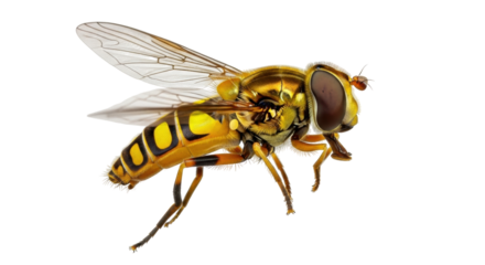 Isolated hoverfly, an insect with yellow and black stripes and transparent wings in flight
