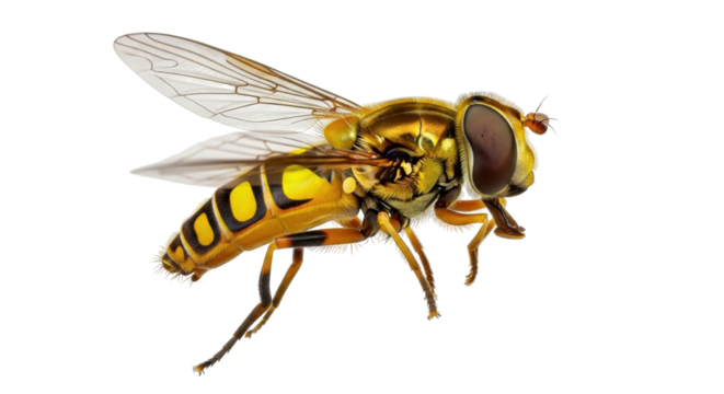 Isolated hoverfly, an insect with yellow and black stripes and transparent wings in flight