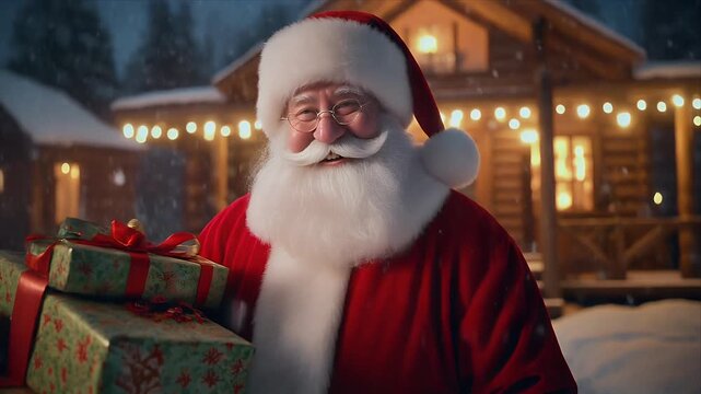 Santa Claus delivering holiday presents to a cozy illuminated log cabin on a snowy Christmas eve