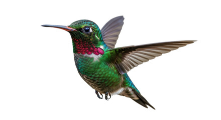 Isolated hummingbird with vibrant iridescent feathers, hovering in mid-air, wings extended