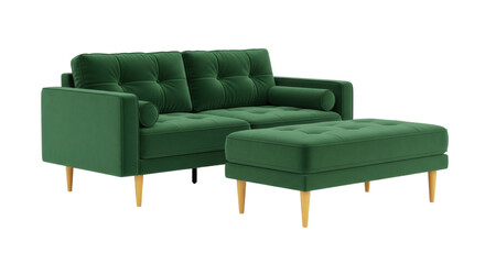 Isolated green loveseat and ottoman furniture arrangement with wooden legs, modern design