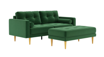Isolated green loveseat and ottoman furniture arrangement with wooden legs, modern design