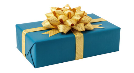 Isolated teal wrapped gift box with textured gold ribbon and bow for festive occasions