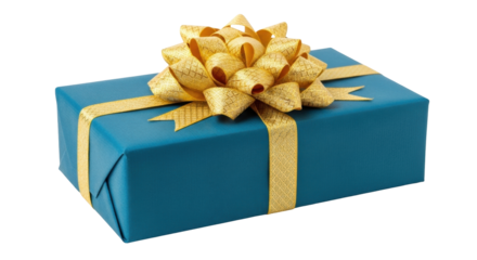 Isolated teal wrapped gift box with textured gold ribbon and bow for festive occasions