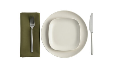 Isolated formal dining table setting with olive napkin, fork, knife, round and square plate