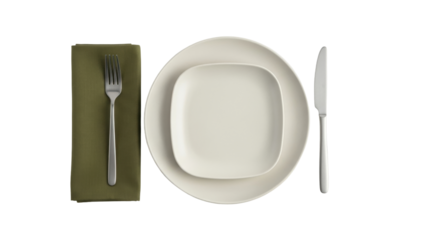 Isolated formal dining table setting with olive napkin, fork, knife, round and square plate