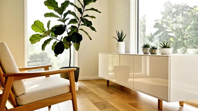 Bright Minimalist Living Room Interior Design with Large Fiddle Leaf Fig Plant, Glossy White Cabinet, and Modern Wooden Chair by Wide Sunny Window for Home Decor and Style