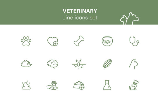Set of icons related to animal friendly. Linear pictograms collection. Outline set of pets and veterinary clinic icons for web design isolated on white background.