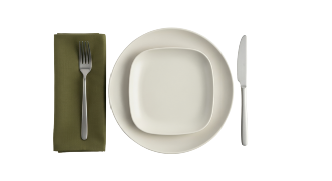 Isolated formal dining table setting with olive napkin, fork, knife, round and square plate