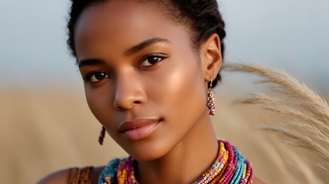 african woman, natural beauty, necklace, cultural identity and pride, close-up.