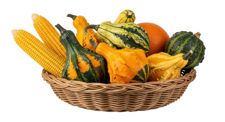 Isolated arrangement of gourds and Indian corn in a woven basket for autumn display