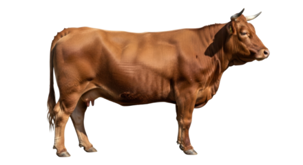 Isolated brown cow with horns standing, farm animal ready to be used in any compositing