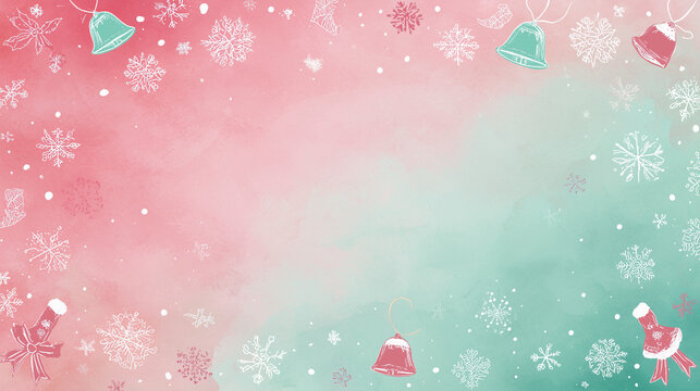 Soft pastel Christmas theme, pink and mint tones, cute small illustrations around the edges (bells, stockings, snowflakes), smooth gradient center left empty, charming and trendy style