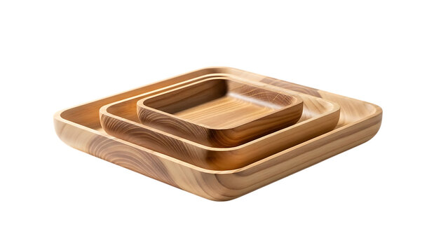 Three nested wooden square bowls isolated on transparent background