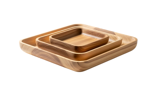 Three nested wooden square bowls isolated on transparent background