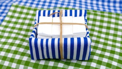White marshmallows in a blue basket on green checkered cloth.