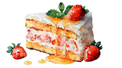 Watercolor slice of strawberry cake with honey clip art illustration 