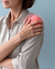 Woman experiencing shoulder pain highlighted with red glow