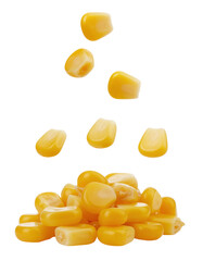 Fototapeta premium Flying Yellow Corn Kernels Falling Over a Pile of Fresh Corn on a Transparent Background