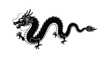 Minimalist flat 2D black and white vector illustration of a majestic Chinese dragon with a long, serpentine body gracefully isolated on a clean white background, symbolizing power and tradition.