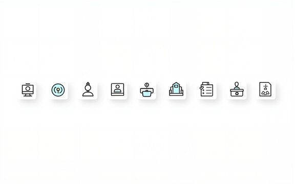 Set of work place related icons, working, remote work, video conference, coworkin, freelancer, home office and linear variety symbols. High quality