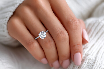 Hand displaying a sparkling diamond engagement ring on a cozy knit sweater
