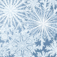 Detailed macro illustration of various snowflakes and frost crystals on a cool blue winter background