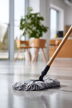 Close up of a mop cleaning a polished concrete floor
